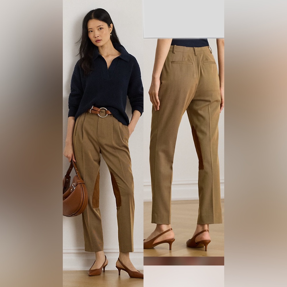 NWT Ralph Lauren Suede-Trim Bi-Stretch Jodhpur Pant High-Waist Brown Sz 16 wool